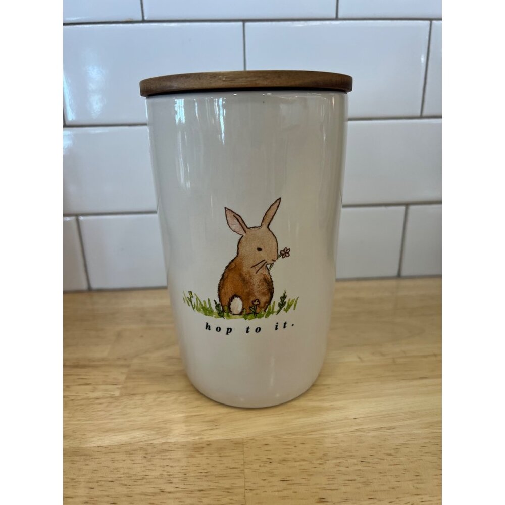 Rae Dunn Hop to It Ceramic Canister W/ Wooden Lid Easter Bunny Themed Decor